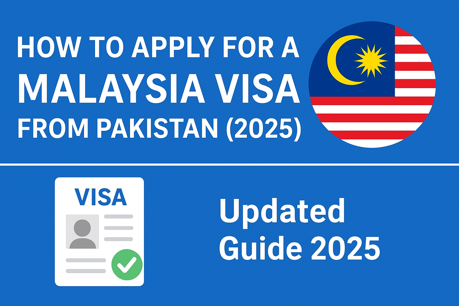 Graphic: “Malaysia Visa Pakistan se Apply Karne Ka Tariqa — Updated Guide 2025.” Neela two-tone layout, Malaysian flag icon, aur mukhtasir bullets jo application steps, documents, aur processing time batate hain.