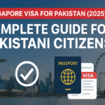 “Singapore Visa for Pakistan 2025 – Complete guide for Pakistani citizens featuring Singapore skyline with Marina Bay Sands, Singapore Flyer, and passport with visa icon.”