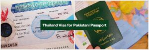 An image split into two parts. The left side shows a close-up of a "Non-Immigrant" Thailand visa issued in Wellington with stamps and a fee of "$100 $NZ". The right side shows a Pakistani passport (Islamic Republic of Pakistan, dark green cover) resting on a blurry map. A green banner overlay across the center reads "Thailand Visa for Pakistani Passport".